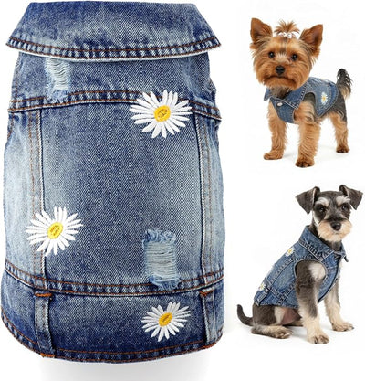 Dog Denim Jacket with Embroidered Daisy, Ripped Vintage Jean Vest for Small Dogs, Puppy, Pugs, Chihuahuas, Spring Summer Fall Festival Outfit, XS (Fits Chest 9-10")