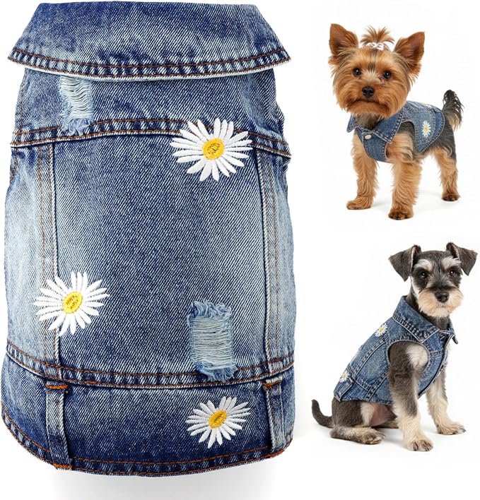 Dog Denim Jacket with Embroidered Daisy, Ripped Vintage Jean Vest for Small Dogs, Puppy, Pugs, Chihuahuas, Spring Summer Fall Festival Outfit, Small (Fits Chest 11-12")