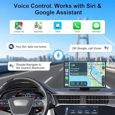 9" Wireless Apple CarPlay & Android Auto Car Screen with 4K Dash Cam, Portable Touchscreen Display with 1080p Backup Camera, GPS Navigation, Mirror Link, Bluetooth 5.0, FM Transmitter & Voice Control