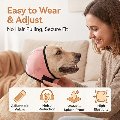 Dog Ear Cover for Hematoma,Bathing,Grooming,Drying,Fashion No Shake Ear Wraps for Dogs Ear Muffs Noise Protection Anxiety Relief,Waterproof Dog Calming Hoodie Shower Cap(Pink,M)