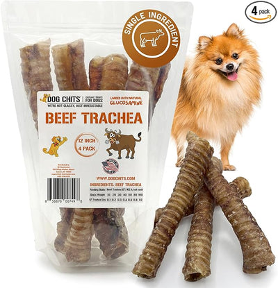 Dog Chits Beef Trachea Dog Chews - 100% Single Ingredient, High Protein, Low Fat - Glucosamine for Joint Support - Dental-Clean Crunch - Digestible Rawhide-Free, Natural Dog Chew Treats - 12inch, 4pk