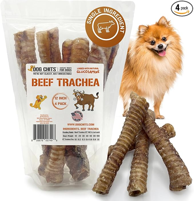 Dog Chits Beef Trachea Dog Chews - 100% Single Ingredient, High Protein, Low Fat - Glucosamine for Joint Support - Dental-Clean Crunch - Digestible Rawhide-Free, Natural Dog Chew Treats - 12inch, 4pk