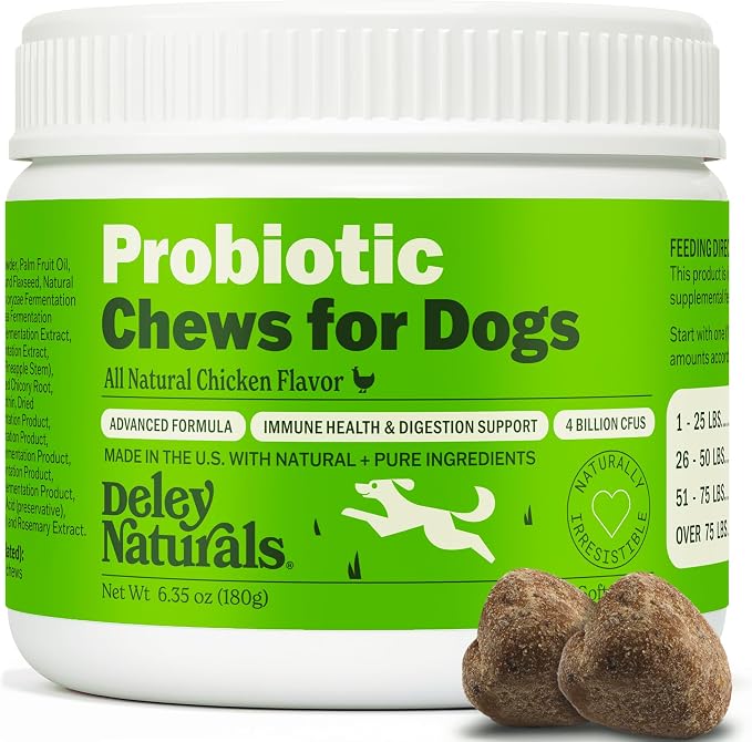 Deley Naturals Dog Probiotics Chews - 4 Billion CFU Dog Probiotics, Prebiotics, Enzymes for Digestion & Gut Health - Smaller Soft Chews, Lower Calories, Same Active Ingredients - USA Made - 60 Count