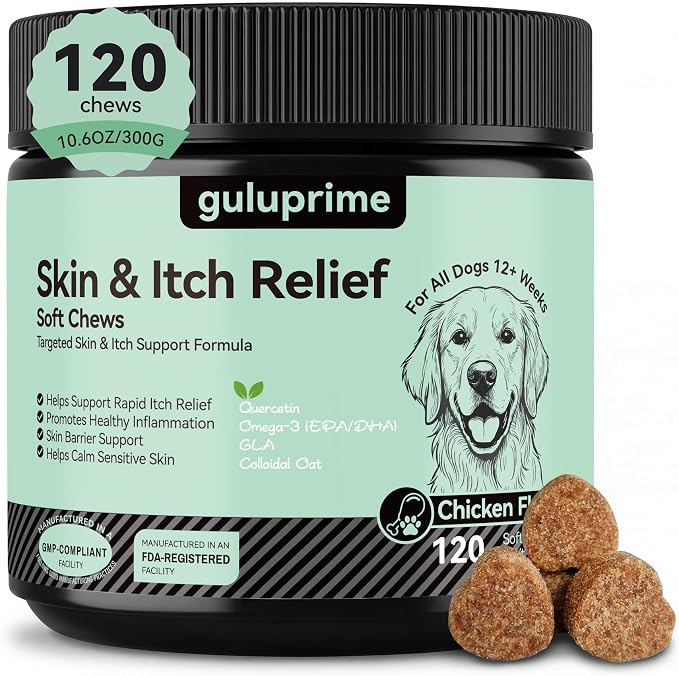Dog Itch Relief Chews for Dogs – Itchy Paws & Paw Licking Support, Anti Itch Soft Chews for Itchy Skin, Daily Skin & Coat Supplement, 120 Chews