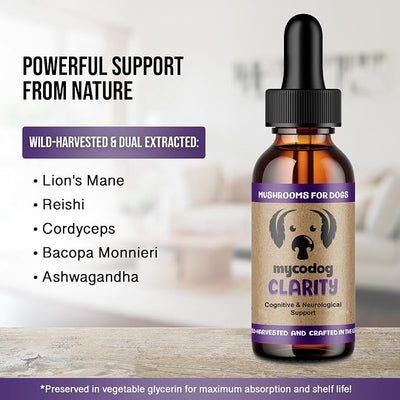 MycoDog Clarity - Cognitive Support Supplement for Dogs - Brain Health, & Senior Dog Wellness - Memory & Focus with Functional Mushrooms & Adaptogens