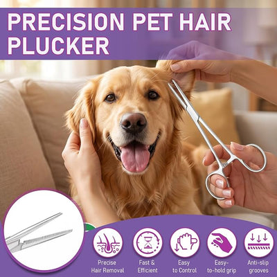 Dog Ear Hair Removal Tool Kit - Ear Powder, Safety Round Tip Scissors & Hemostat, Helps Reduce Wax & Odor, Grooming Kit for Schnauzers, Poodles & Breeds with Ear Hair, Calms Itchy Ears