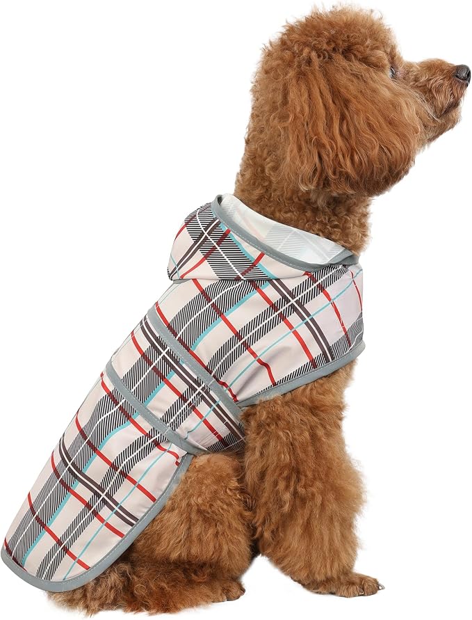 Dog Raincoat for Small Dogs Puppies Waterproof Jacket Hooded Rain Coats with Reflective Strips Leash Hole & Poncho Adjustable Fit (Plaid,S)