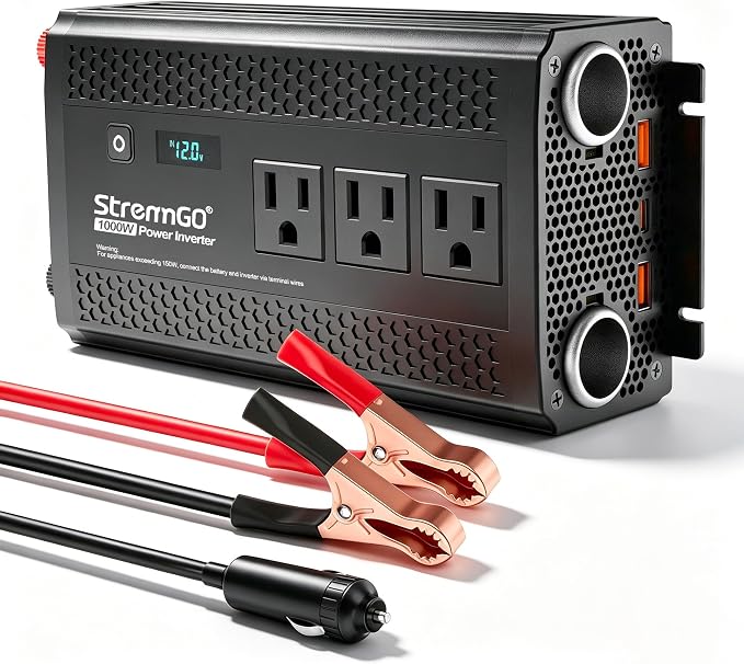 1000W Power Inverter for Vehicles, 12V DC to 110/120V AC Car Inverter with 3 AC Outlets, USB 24W/ PD 30W Fast Charger. (1000w-black)