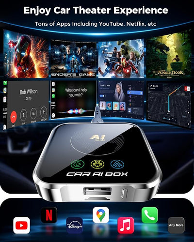 Magic AI Box Wireless CarPlay Adapter, Fast Car Video Box Plug & Play, Easy Setup, Supports Netflix/YouTube/TF Card Streaming Equalizers and More for OEM Wired CarPlay/Android Auto Cars(Smoky Gray)