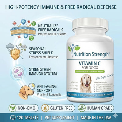 Vitamin C for Dogs to Support Cardiovascular Health, Help Strengthen the Immune System, Boost Free Radical Defenses and Sustain Collagen Synthesis, 120 Chewable Tablets