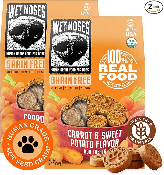 Wet Noses Organic Crunchy Dog Treats Grain Free – All-Natural, Human-Grade, Non-GMO, Healthy Training & Delicious Snacks for Dogs, for All Dog Sizes & Breeds – Carrot & Sweet Potato, 14oz (2 Pack)