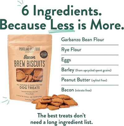 Portland Pet Food Company Bacon Brew Biscuits – Crunchy Limited Ingredient Dog Treats Made with Upcycled Spent Grain, Protein & Fiber Rich Training Treats for Dogs, USA Made, 1 Pack (5 oz Bag)