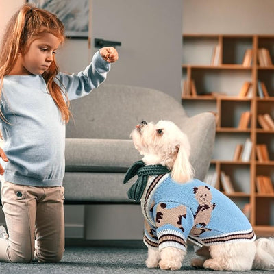 ABRRLO Small Dog Sweaters Cute Bear Dog Cardigans Clothes for Small Medium Dogs Boy Girl Puppy Cat Knitting Cardigan Outfits Dogs Winter Coats Warm Pet Doggy Clothes Soft Knitwear Apparel (Blue,XS)