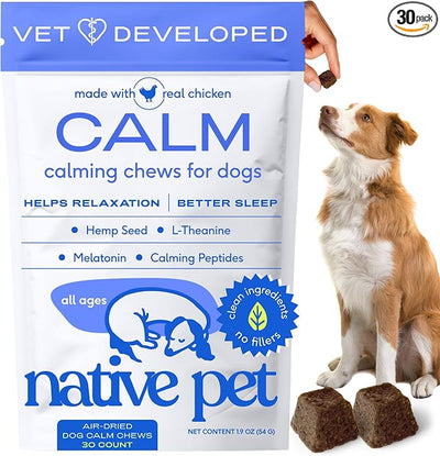 Native Pet Calming Chews for Dogs Medium Breed - 60 Calming Dog Treats - Hemp Seed, Melatonin, L-Theanine - Supports Calm Behavior - 30 Chews