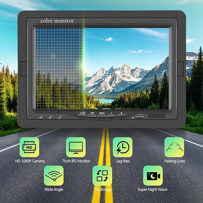 7" 2-Channel Truck Backup Camera Monitor kit No Lag Waterproof Induction Night Vision Reverse Camera + IPS Screen Rear View Monitor Vehicle Parking System for RV Bus Trailer Truck (49ft Video Cable)