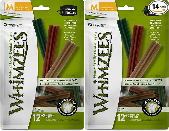 Whimzees Natural Dental Care Stix Dog Treats Medium - 14 count - (Dogs 25-40 lbs) - Pack of 2