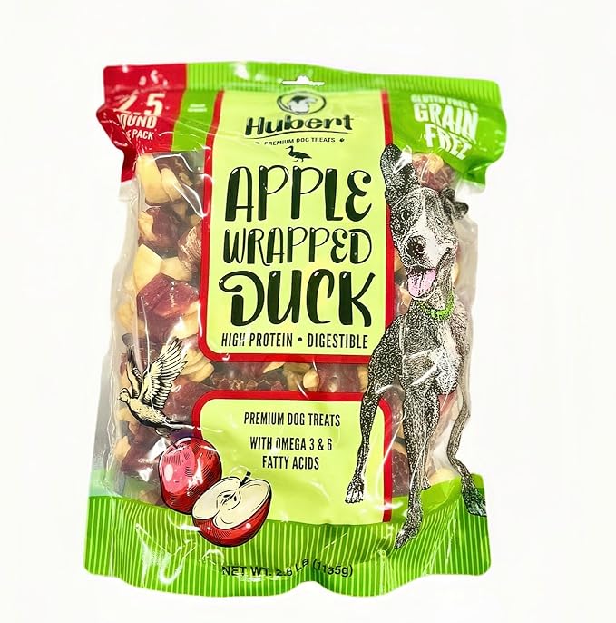 Hubert Pet Duck Wrapped Apple Bites Dog Treats, Grain Free, Low Fat, 2.5 lb