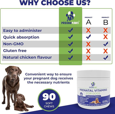 Dog Prenatal Vitamins - Supports Healthy Pregnancy, Puppy Development & Lactation - Rich in Folic Acid, Iron & Calcium - Advanced Prenatal Supplement for Pregnant and Nursing Dogs - 90 Soft Chews