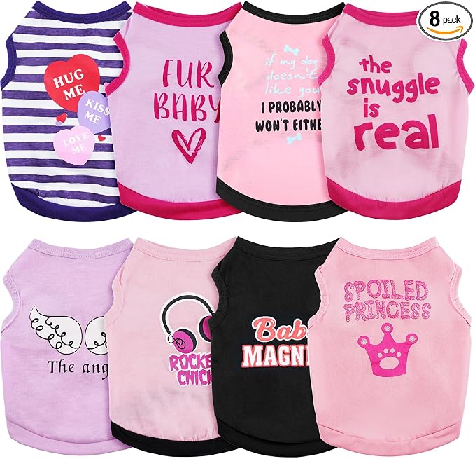 Reginary 8 Pieces Dog Shirts Girl Small Dog Clothes for Chihuahuas Yorkies Female Puppy Shirts Printed Pet Outfit Cute Breathable Soft Valentine's Day Doggie Cat Lovers Gift(Vivid Pattern,X-Small)