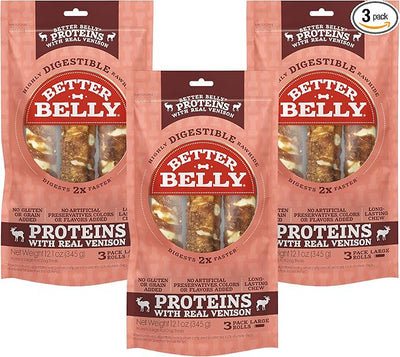 Better Belly Proteins with Real Venison Large Rolls 3 Count, Digestible Rawhide for Dogs, 12.1 Ounce (Pack of 3)