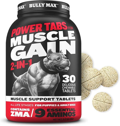 Bully Max 2-in-1 Muscle Builder for Dogs - 9 Amino Acids, Puppy & Dog Vitamins, Supplements for Muscle Gain & Growth - Dog Multivitamin Chewable Tablets for All Breeds & Ages, Made in USA, 30 Tabs