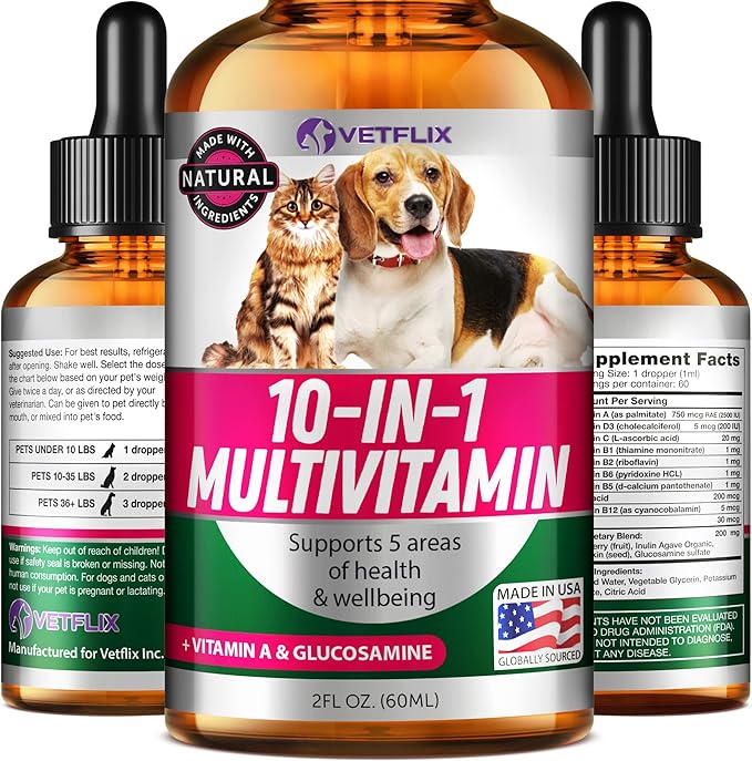 10 in 1 Pet Liquid Vitamins for Dogs, Cats, Puppies and Kittens, 2 Fl Oz | Glucosamine and Multivitamin Supplement, Joint Support, Immune Support, Skin Health, Made in USA