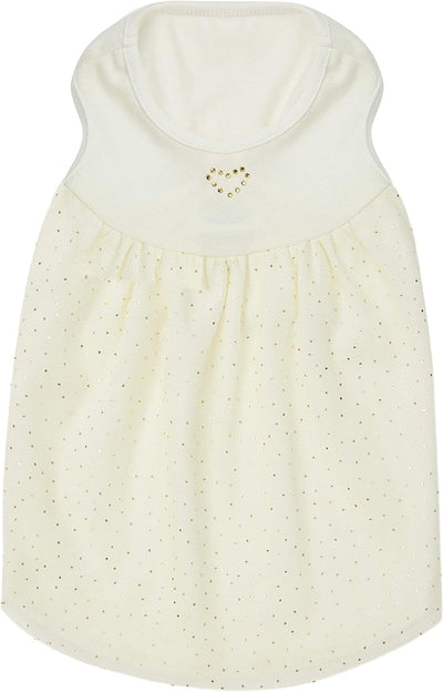 Blueberry Pet My Little Princess Cotton Blend Dog Tulle Dress in Sweet Vanilla with Heart, Back Length 10", Pack of 1 Clothes for Dogs