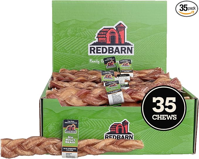 Redbarn Pet Products 9" Braided Bully Sticks for Dogs - Natural, Grain-Free, Highly Palatable, Long-Lasting Dental Chews Sourced from Free-Range, Grass-Fed Cattle 35 Sticks