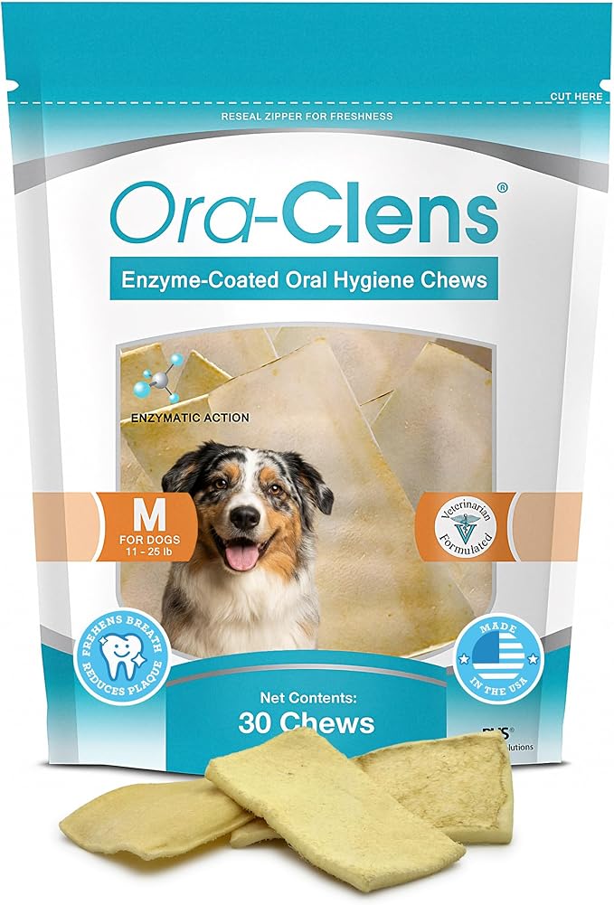 Oral Hygiene Chews for Medium Dogs-Enzymatic Dental Treats for Daily Oral Care, Cleans Teeth and Freshens Breath, Reduces Plaque, Bacteria and Tartar Build Up Without Brushing-30 Chews