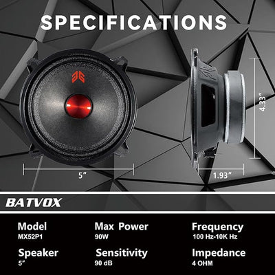 MX52P1 Loudspeaker 5 Inch Midrange 160 Watts 4 Ohms Red Dust Cap, Premium Quality Audio Door Speakers for Car or Truck Stereo Sound System, Black (2 Speakers)