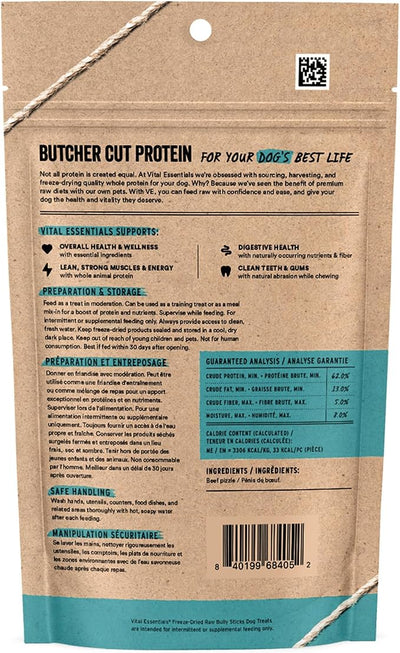 Vital Essentials Freeze Dried Bully Sticks Dog Treats | Premium Quality, Long Lasting | Grain Free Treats for Dogs, (3 Count) 1.4 oz Bag