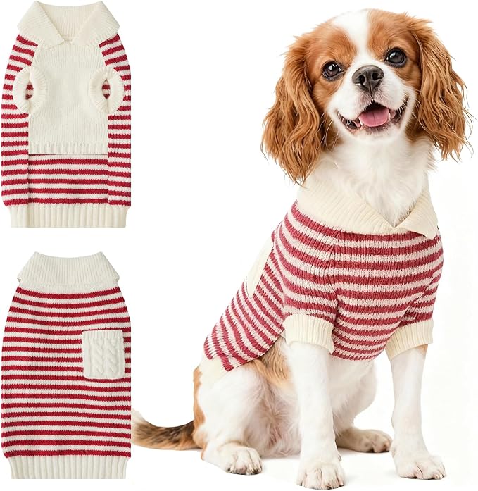Small Dog Sweater, Knitted Striped Pullover Dog Clothes for Cold Weather, Thick Warm Cozy Stretchy Sweater for Chihuahua, Bulldog, Dachshund, Pug(Red & White Strip, XXL)