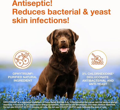 Douxo S3 PYO Pads, 3% Chlorhexidine Wipes for Dogs and Cats, Antiseptic Dog Wipes For Bacterial or Yeast Skin Infections, 0.5% Ophytrium Clinically Proven, 30 Pads