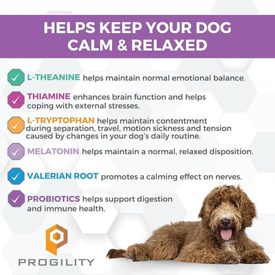 Progility Dog Calming Supplement for Stressful Situations & Daily Support – Supports Calm Behavior & Emotional Balance with Melatonin, Soft Calming Chews (90 Count)