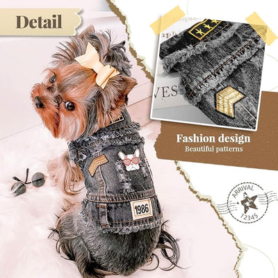Cool Dog Jean Jacket Small Puppy Outfits Frenchie Clothes Denim Coats for Small Medium Dogs Cats Boys Girls Pet Vest Dog Shirt Clothing Doggy Costume (Black Print, XS（Suggest 2-4 lbs）)