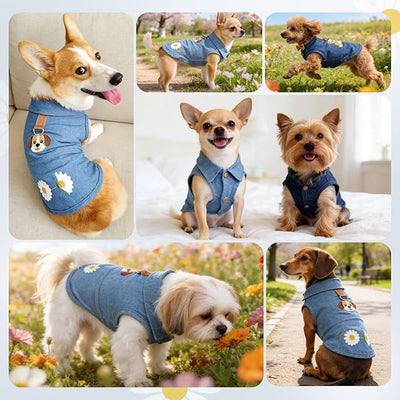 2 Pack Dog T-Shirts for Small Dogs, Soft Breathable Cotton Denim Dog Vest with D-Ring & Cute Bear Daisy Print, Puppy Clothes Outfits for Chihuahua Yorkie Shih Tzu