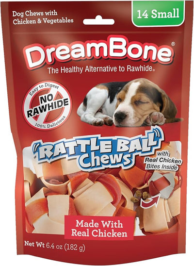 DreamBone Chicken RattleBall Dog Treats, Daily Rawhide-Free Chew, Digests Safely, With Real Protein, Chicken and Veggies, 14 count