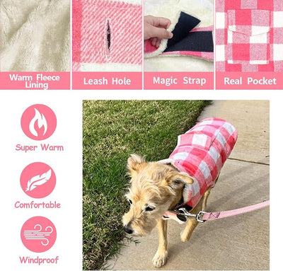Malier Dog Winter Coat, Classic Plaid Fleece Dog Cold Weather Coats Dog Jacket with Pocket, Windprood Warm Dog Coat Vest Winter Pet Clothes Apparel for Small Medium Large Dogs (Pink, X-Large)