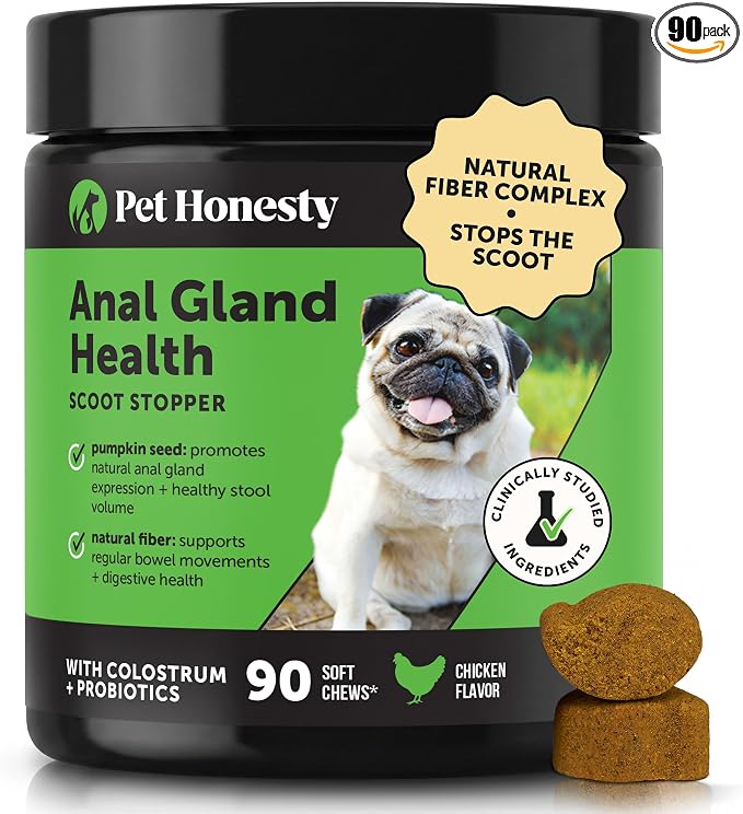 Dog Scoot Stopper Anal Gland Support Fiber Supplement - Stop Scooting + Booty Dragging for Perfect Bowel Movements - Daily Dog Fiber Chews with Pumpkin Seed, Prebiotics + Probiotics (Chicken, 90 Ct)