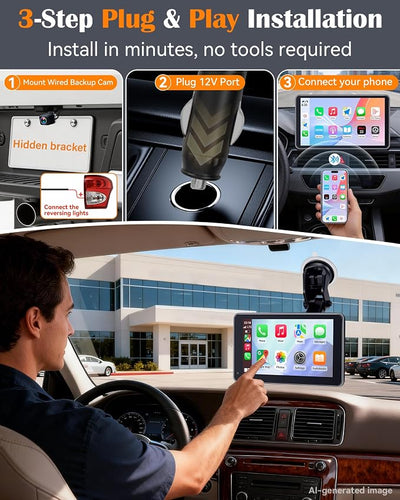 Portable Carplay Screen with Backup Camera - Plug-Play 7-inch HD 1080P Car Touchscreen Supports Both Apple CarPlay & Android Auto - No Dashboard Removal, GPS Navigation, Voice Control, Bluetooth