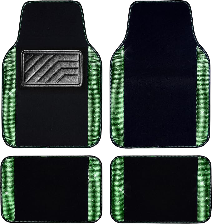 CAR PASS Shining Rhinestones Carpet, Bling Crystal Diamond Sparkly Glitter Car Floor Mats with Anti-Slip PVC Heel Pad Automotive Universal for SUV,Sedan,Car,Van,4pcs for Girl Women Green Diamond