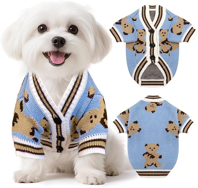 Small Dog Sweaters Cute Bear Knitted Dog Cardigans Clothes for Small Medium Dogs Soft Pet Puppy Cat Knitting Outfits Fall Winter Warm Boy Girl Dogs Knitwear Coat Apparel（Blue,Large）