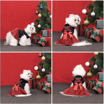 CuteBone Christmas Dog Dresses Velvet Holiday Small Dogs Clothes Onesie Pet Apparel Girl Puppy Skirt with Bow Hair Rope