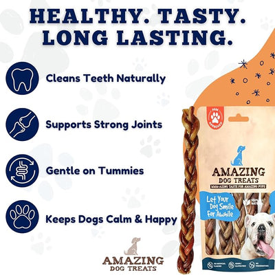 Amazing Dog Treats 12" Braided Bully Stick (5 Pcs/Pack) Bully Stick for Dogs - Made from Premium Grass Fed Beef