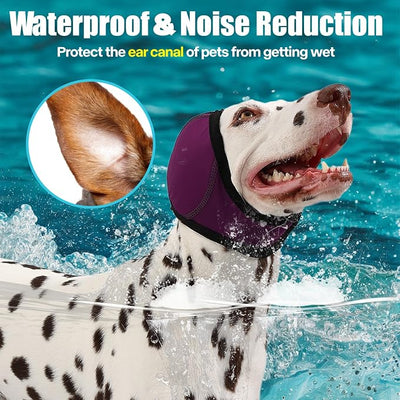 Dog Ear Muffs Wrap for Hematoma, Bathing, Drying, Swimming & Noise Anxiety Relief- Elastic Waterproof Ear Protection with Calming Hoodie Design for Grooming
