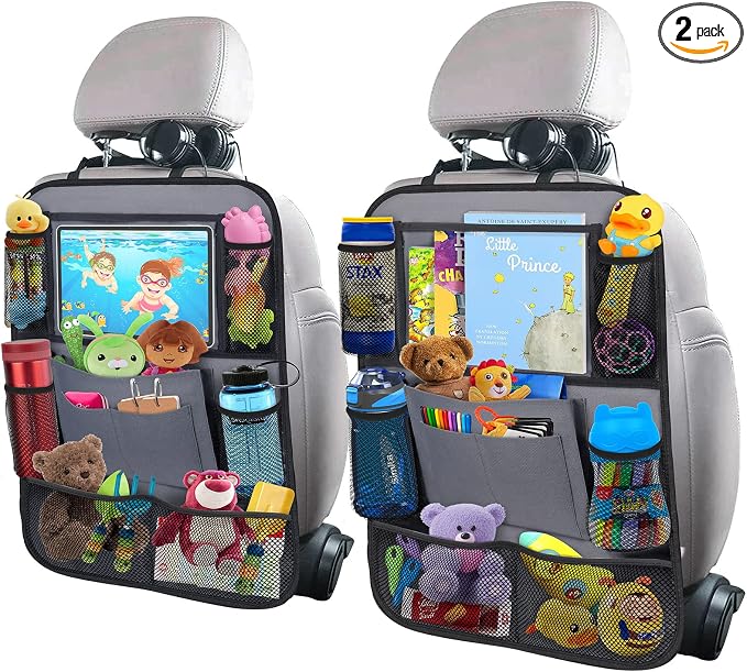 ULEEKA Car Backseat Organizer with 11" Table Holder, 10 Storage Pockets Seat Back Protectors Kick Mats for Kids Toddlers, Travel Accessories, 2 Pack, Gray