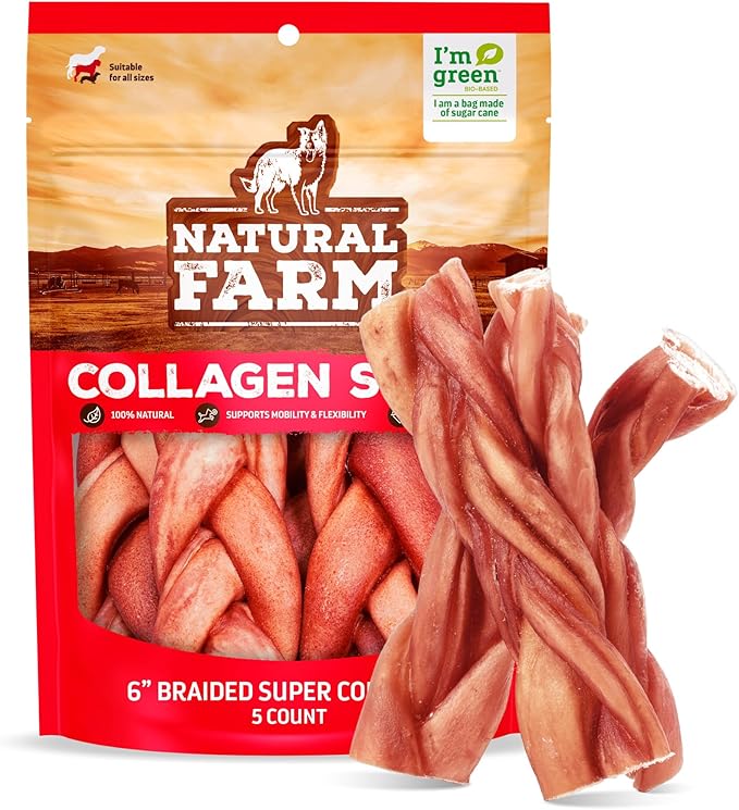 Natural Farm Odor-Free Super Braided Collagen Dog Chews (6-Inch, 5-Pack) First Ever Real Bull Sticks Alternative, 100% Natural Angus Hide Collagen Treats- More Protein More Chew Time for All Dogs