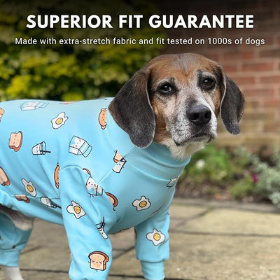 Spark Paws Dog Pajama, Dog Recovery Suit Male, Onesie, Ultra-Soft and 4-Way Stretch, for Small Medium and Large Breeds - Breakfast Blue - L