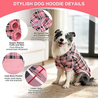 EXPAWLORER Plaid Dog Hoodie - British Style Warm Dog Sweater Shirt with Leash Hole,Pitbull Clothes Outfits,Winter Coat Apparel for All Breeds Puppy Girl Boy-Cat Apparel,Pink X-Large