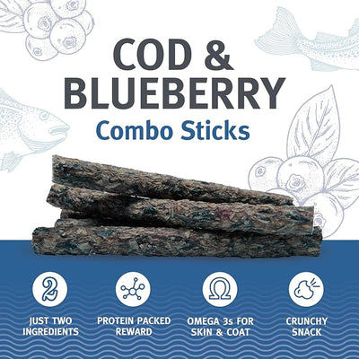 Icelandic+ Combo Sticks: Cod & Blueberry - 16ct, 5.1oz Bag - Dog Treats, 2 Ingredient Pet Snacks, Wild Caught Fish, Slow Baked, Crunchy Natural Chews